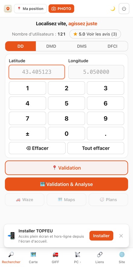 Pavé numérique de saisie de coordonnées