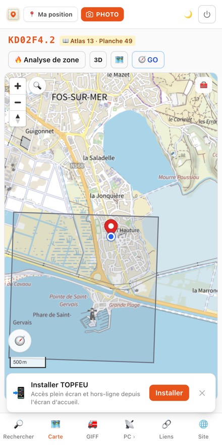 Carte TOPFEU centrée sur la position avec carreau DFCI