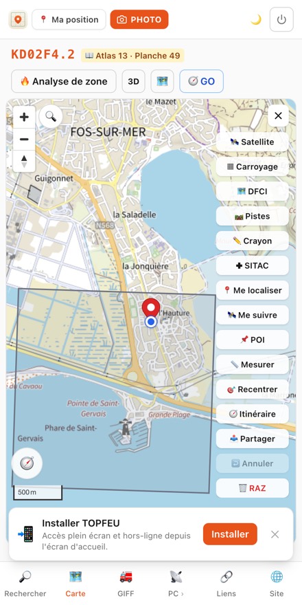 Barre d'outils de la carte dépliée