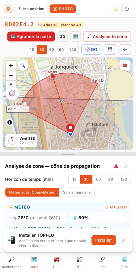 Volet d'analyse de zone avec météo