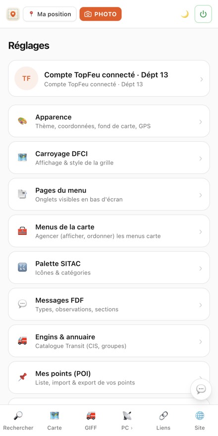 Sommaire des Réglages de TOPFEU